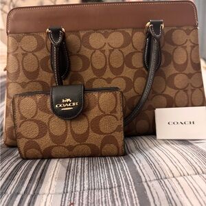 Coach Tan and Brown Signature Shoulder Bag and Wallet